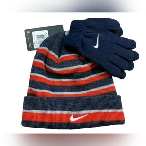 Nike Youth Kids Bluish Red & Royal BlueStriped Winter Hat & Glove Set NWT